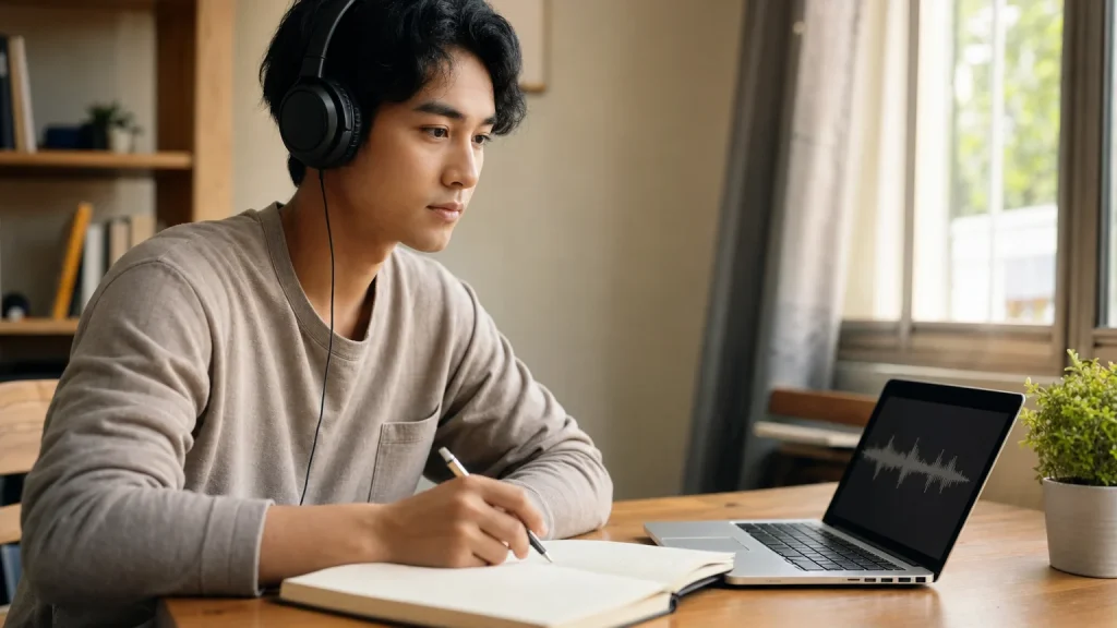 Apprenant FLE qui travaille la compréhension orale du français au casque